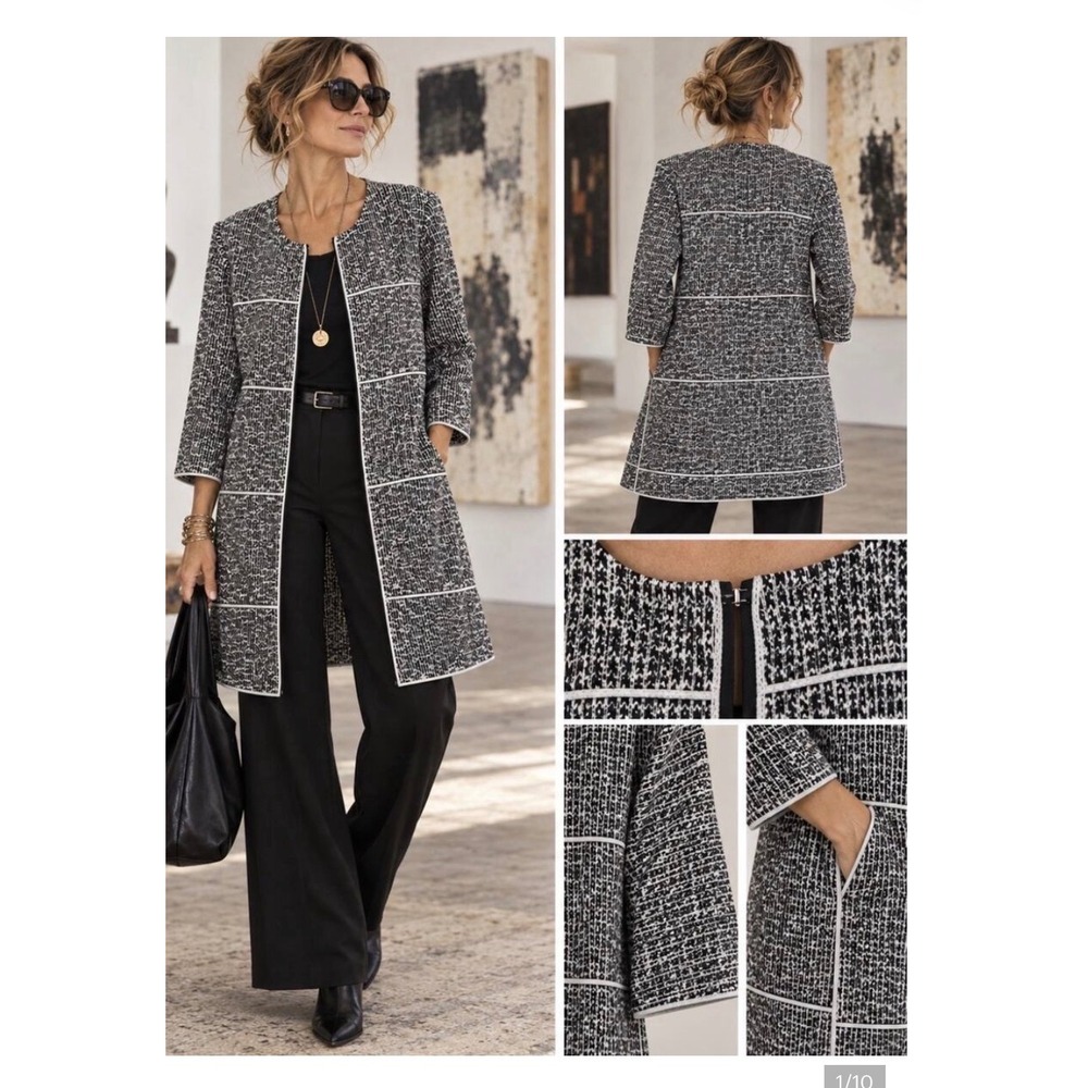 CABI THE TIMES BLACK AND WHITE TWEED LONG LINE BLAZER